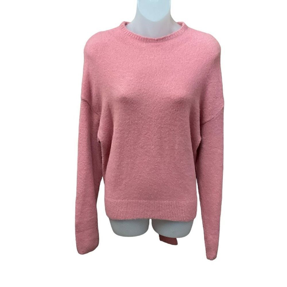 WAYF Sweater Pullover Crew Neck Pink Blush Bow Tie Ribbed Hem Women Size Medium